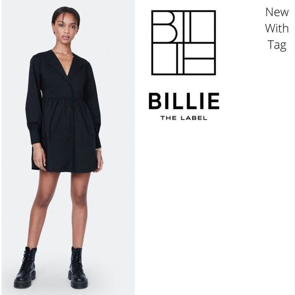 BILLIE The Label NWT XLarge Alexa Poplin Mini Dress Black Long sleeve - Picture 1 of 12